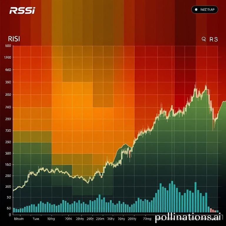 Sebuah visualisasi heatmap warna-warni yang menampilkan grid nilai-nilai RSI untuk berbagai logo cryptocurrency populer (seperti Bitcoin, Ethereum, Ripple, Cardano, Dogecoin, Solana). Warna-warna pada grid bervariasi dari hijau tua (oversold), kuning (netral), hingga merah menyala (overbought). Di latar belakang, terlihat grafik lilin trading dengan elemen digital dan ikon user interface platform trading, menunjukkan aktivitas pasar. Suasana gambar modern, high-tech, dan menarik.