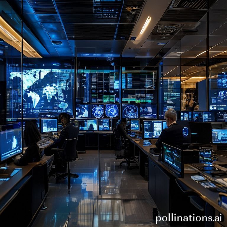 Security-focused AI consoles in a busy diplomatic operations room, analysts reviewing bias reports and encrypted dashboards, layered reflections on glass walls, Authentic Vegas lighting, high-traffic workspace with visible wear. Image created with AI.