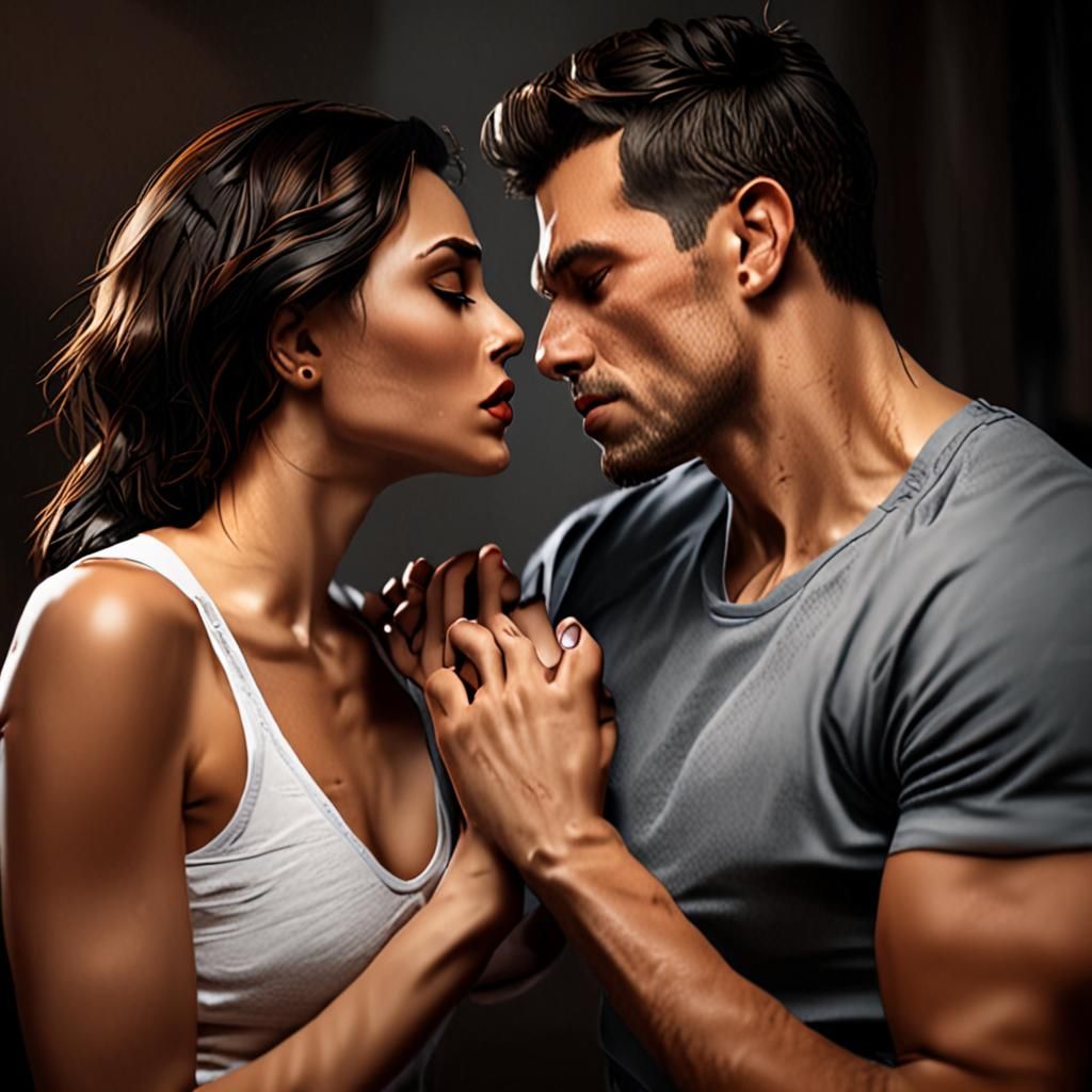 Seductive scene with woman, muscular man, and dejected husband