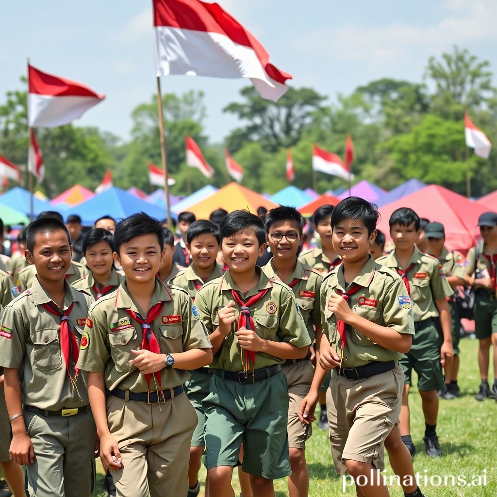 Sekelompok besar Pramuka Penggalang dengan seragam lengkap sedang beraktivitas di Bumi Perkemahan Cibubur selama Jambore Nasional XI 2022. Mereka tampak ceria, beberapa terlihat sedang mengikuti kegiatan outdoor, tenda-tenda berwarna-warni terlihat di latar belakang, dengan bendera Pramuka dan Merah Putih berkibar. Suasana ramai, penuh semangat, dan persahabatan.