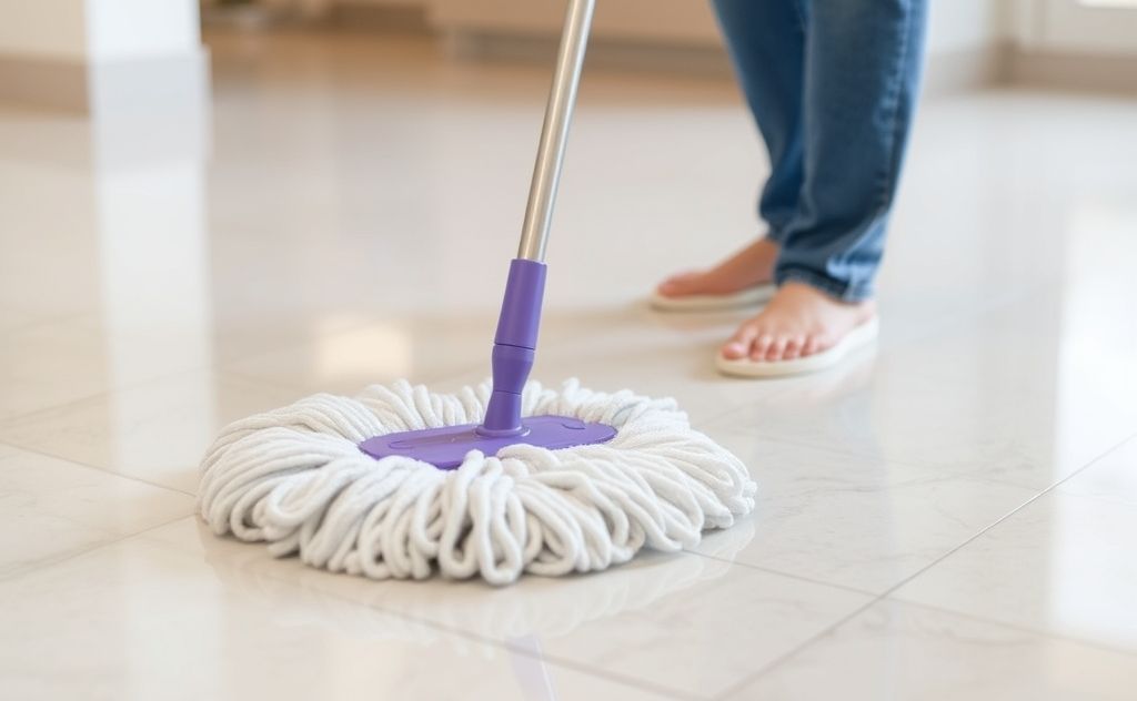 Self-wringing mop in action on a clean floor.