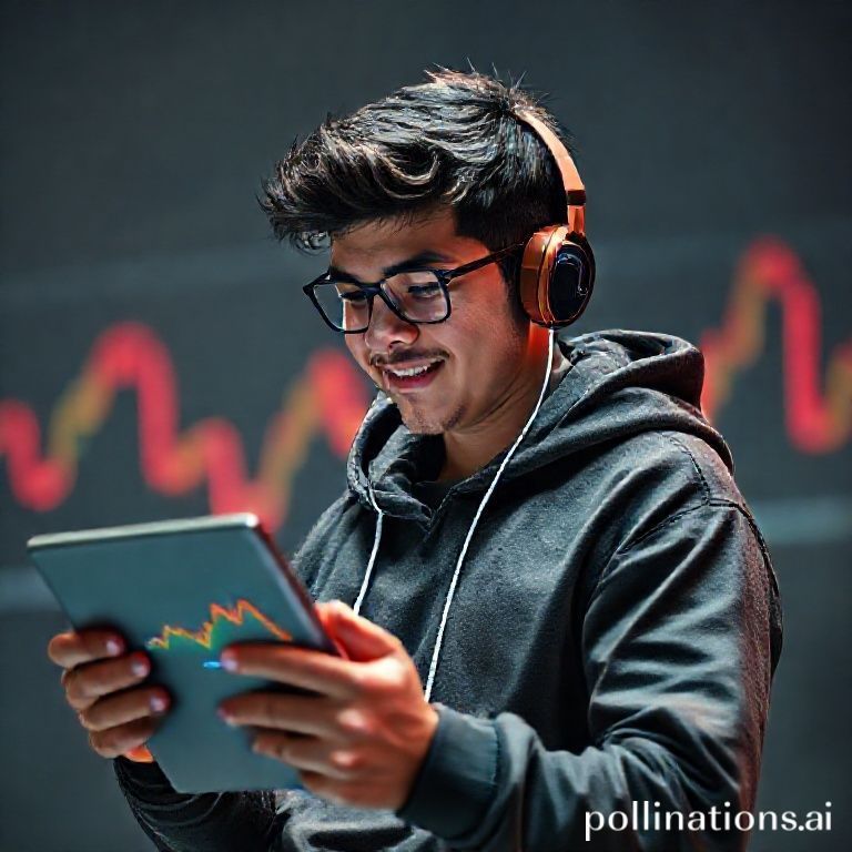 Seorang Gen Z cowok atau cewek dengan gaya kasual kekinian, memakai hoodie dan earphone, tersenyum optimis sambil menatap layar tablet atau laptop yang menampilkan grafik trading dengan indikator RSI (garis ungu atau biru yang berfluktuasi antara 0-100) yang jelas terlihat di bagian bawah grafik harga. Latar belakang abstrak dengan elemen grafik saham/kripto berwarna neon yang blur, menunjukkan suasana dinamis dan modern dari dunia trading. Ada sentuhan elemen visual 'cuan' atau 'profit' (misalnya koin emas kecil atau simbol panah ke atas) secara subtle di sekitar karakter.