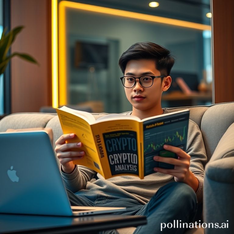 Seorang Gen Z cowok/cewek, duduk santai di sofa dengan ekspresi penasaran namun fokus, memegang buku tebal dengan judul futuristik yang samar-samar bertuliskan 