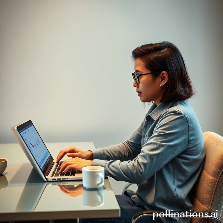 Seorang Gen Z laki-laki atau perempuan sedang duduk santai di meja kerja yang modern dan minimalis, melihat layar laptop atau tablet yang menampilkan grafik forex dan kalender ekonomi dengan highlight pada event penting. Ada secangkir kopi atau minuman kekinian di sampingnya. Estetika gambar cerah, modern, dan menunjukkan fokus tetapi santai, dengan nuansa teknologi trading yang futuristik.