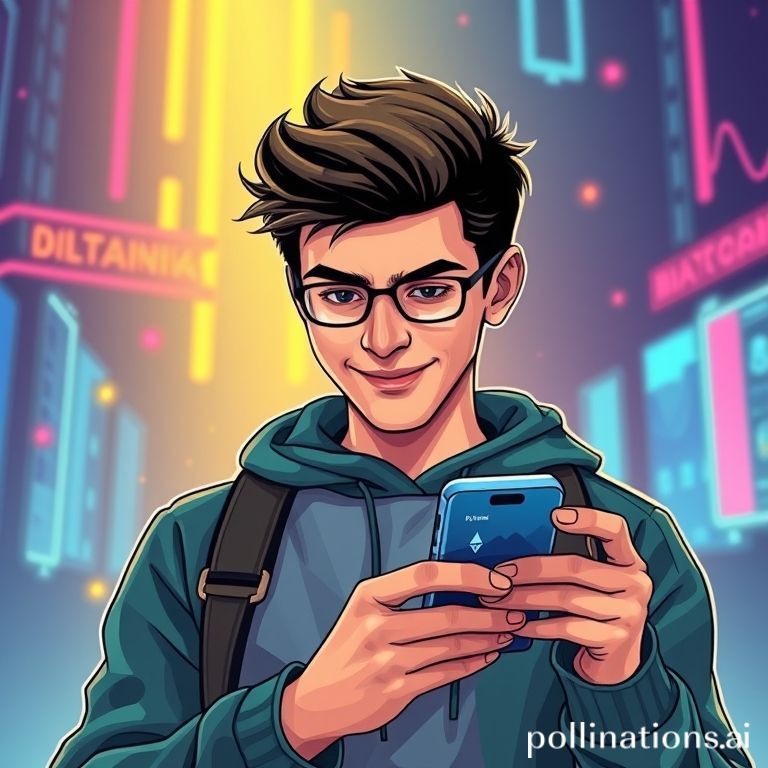 Seorang anak Gen Z (usia sekitar 18-24 tahun) sedang memegang smartphone dengan ekspresi antusias. Di layar smartphone terlihat antarmuka aplikasi investasi kripto yang modern dengan grafik naik daun dan ikon koin digital seperti Bitcoin/Ethereum. Latar belakangnya adalah lingkungan digital futuristik dengan elemen data dan cahaya neon. Warna-warna cerah dan dinamis, gaya ilustrasi digital, menunjukkan suasana investasi yang mudah dan modern.