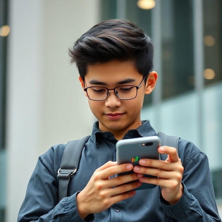 Seorang anak muda (Gen Z) dengan senyum ceria, sedang memegang smartphone atau tablet yang menampilkan grafik investasi reksadana dengan panah ke atas dan simbol uang. Latar belakang modern, cerah, dengan elemen visual digital seperti grafik batang dan koin melayang, menunjukkan pertumbuhan dan kesuksesan finansial. Warna-warna cerah dan energik.