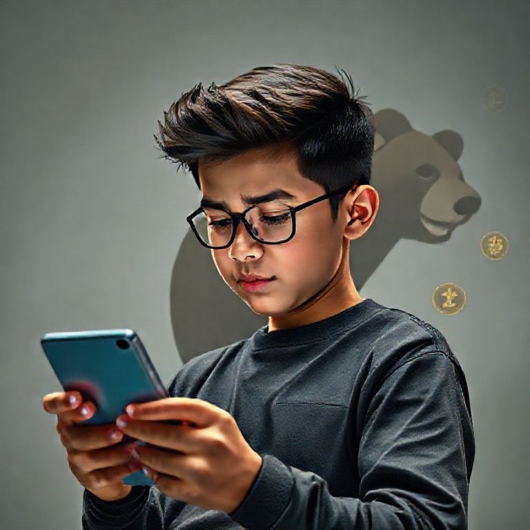 Seorang anak muda Gen Z (cowok/cewek) dengan ekspresi agak cemas tapi juga optimis, melihat grafik kripto yang menurun drastis di layar smartphone atau laptopnya. Di latar belakang, ada siluet beruang (bear) yang besar tapi tidak mengancam, lebih seperti simbol. Nuansa warna agak gelap atau suram tapi ada cahaya harapan di kejauhan. Ada beberapa ikon koin kripto di sekelilingnya yang tampak 'merah' atau menurun.