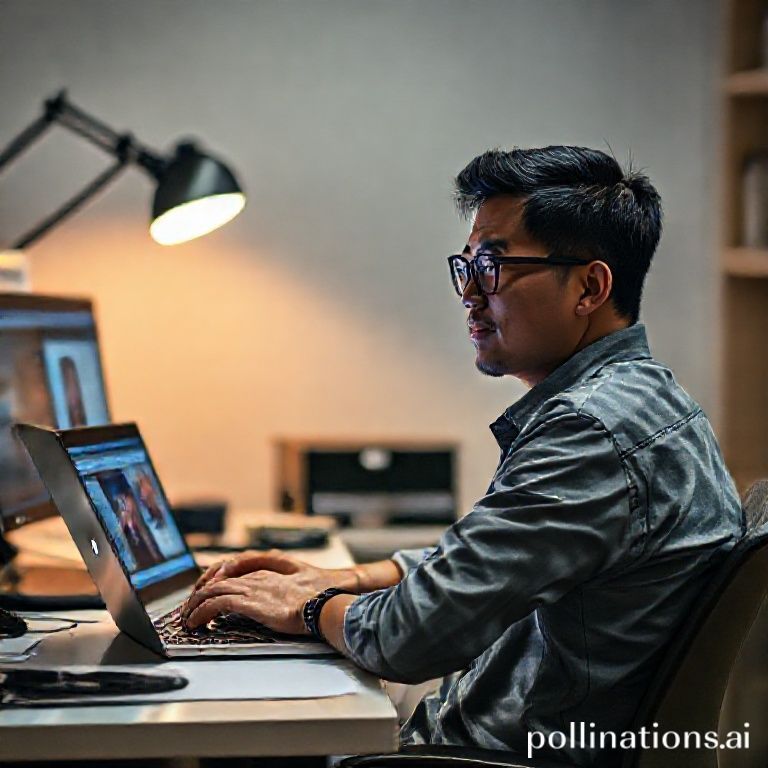 Seorang desainer grafis duduk di meja kerja dengan laptop terbuka menampilkan antarmuka Adobe Photoshop; tampak panel Layers, Brush Tool, dan gambar foto yang sedang diedit, dengan cahaya lampu studio yang lembut.  