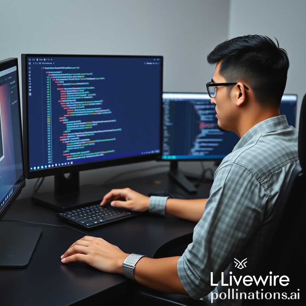 Seorang developer sedang bekerja di depan layar komputer. Di layar terlihat kode PHP (Laravel dan Livewire) di editor VS Code di satu sisi, dan di sisi lain browser menampilkan sebuah aplikasi web sederhana dengan komponen 'counter' Livewire yang interaktif. Latar belakang menunjukkan logo Laravel dan Livewire dengan nuansa modern dan teknologi. Komposisi bersih dan fokus pada proses coding dan hasilnya.