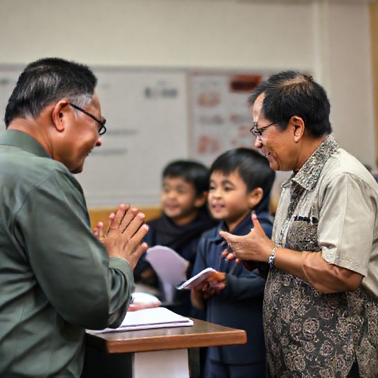 Seorang guru dan orang tua sedang memberikan pujian kepada anak SD yang tersenyum ceria saat mengerjakan tugas di kelas, dengan latar belakang suasana kelas yang cerah dan penuh warna.
