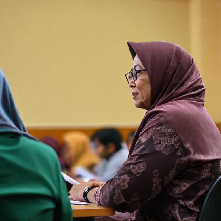 Seorang guru wanita tersenyum penuh perhatian saat mendengarkan anak-anak SD yang sedang bercerita di kelas, dengan latar belakang ruang kelas yang cerah dan penuh warna.