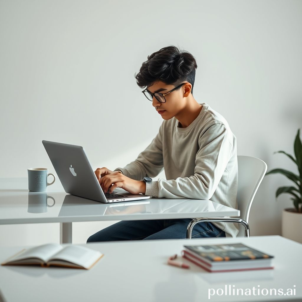 Seorang individu muda (bisa pria atau wanita) sedang duduk di meja belajar modern yang rapi. Mereka terlihat fokus dan terlibat dengan laptop atau tablet, mungkin sedang mengambil catatan digital atau menonton kursus online. Latar belakang menunjukkan elemen digital seperti ikon aplikasi yang samar atau grafik data yang abstrak, mencerminkan era digital. Pencahayaan lembut dan suasana tenang menunjukkan fokus dan produktivitas. Beberapa buku atau mug kopi mungkin ada di samping mereka.