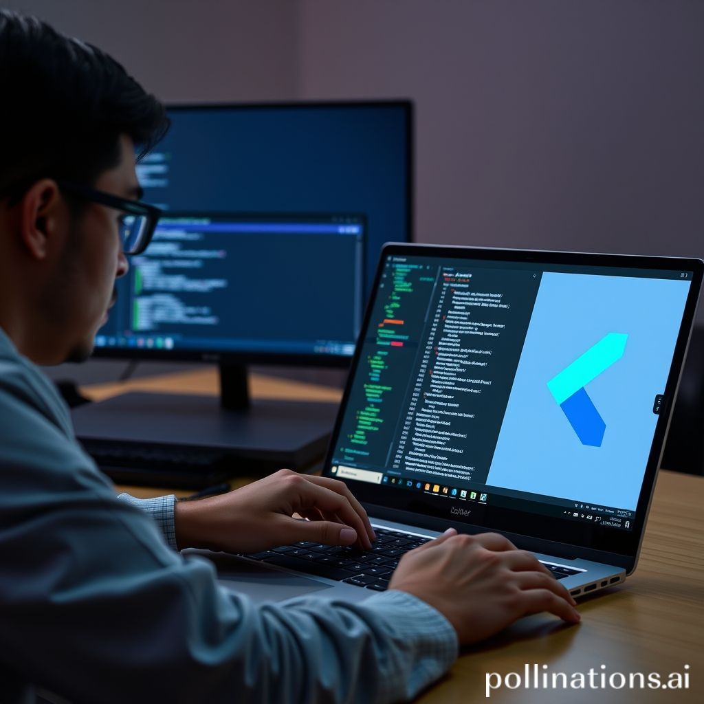 Seorang pengembang sedang bekerja di laptop yang menampilkan antarmuka Windows 11. Layar laptop menunjukkan kode sumber aplikasi Flutter di Visual Studio Code dengan logo Flutter yang terlihat jelas di sudut. Di latar belakang, ada jendela Command Prompt atau PowerShell yang menampilkan output 'flutter doctor'. Suasana profesional dan fokus.