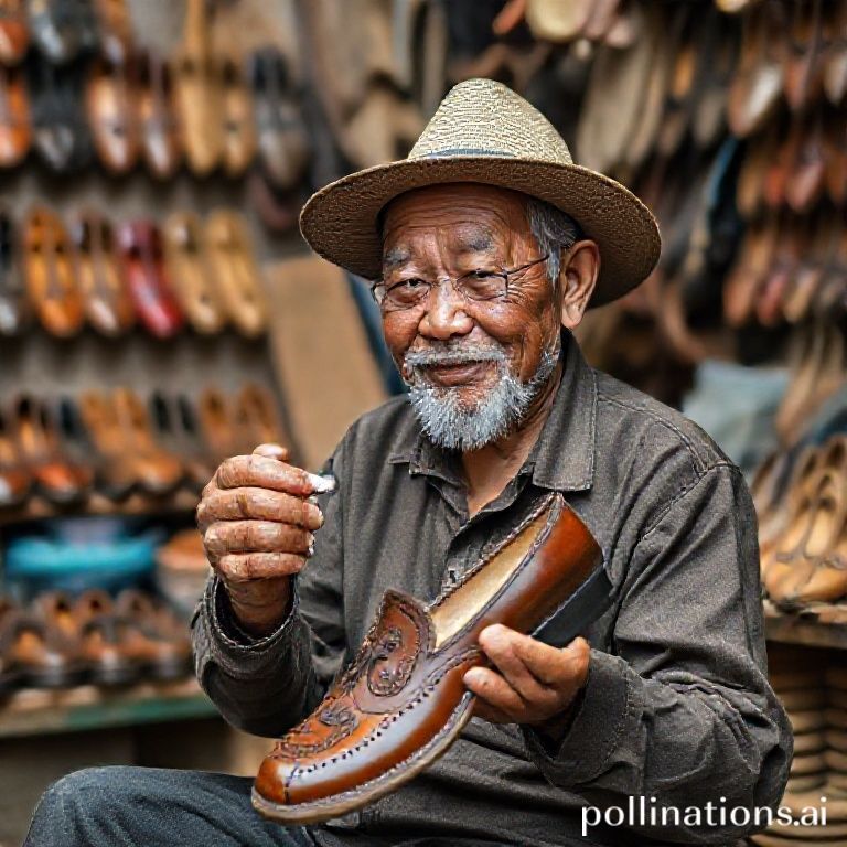 Seorang pengrajin sepatu dengan senyum bangga memegang sepatu kulit hasil karyanya yang memiliki desain unik dan modern, di tengah bengkel tradisional yang penuh alat-alat. Di sekitarnya terlihat material kulit dengan berbagai warna dan model sepatu yang sedang dalam proses pembuatan. Nuansa hangat dan otentik dari kota Bandung, dengan cahaya alami masuk dari jendela.