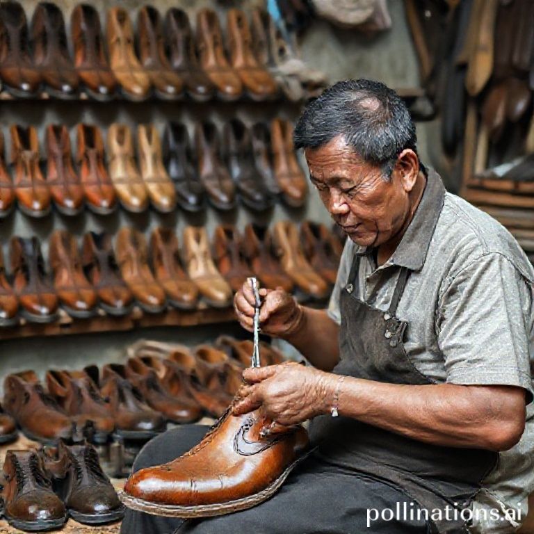 Seorang pengrajin sepatu di Bandung sedang teliti mengerjakan sepatu kulit di bengkelnya yang tradisional namun modern. Di latar belakang terlihat rak-rak berisi berbagai model sepatu kulit yang sudah jadi dan bahan baku kulit mentah. Ada sepatu formal, kasual, dan boots. Cahaya alami masuk dari jendela, menciptakan suasana hangat dan fokus pada detail tangan pengrajin.