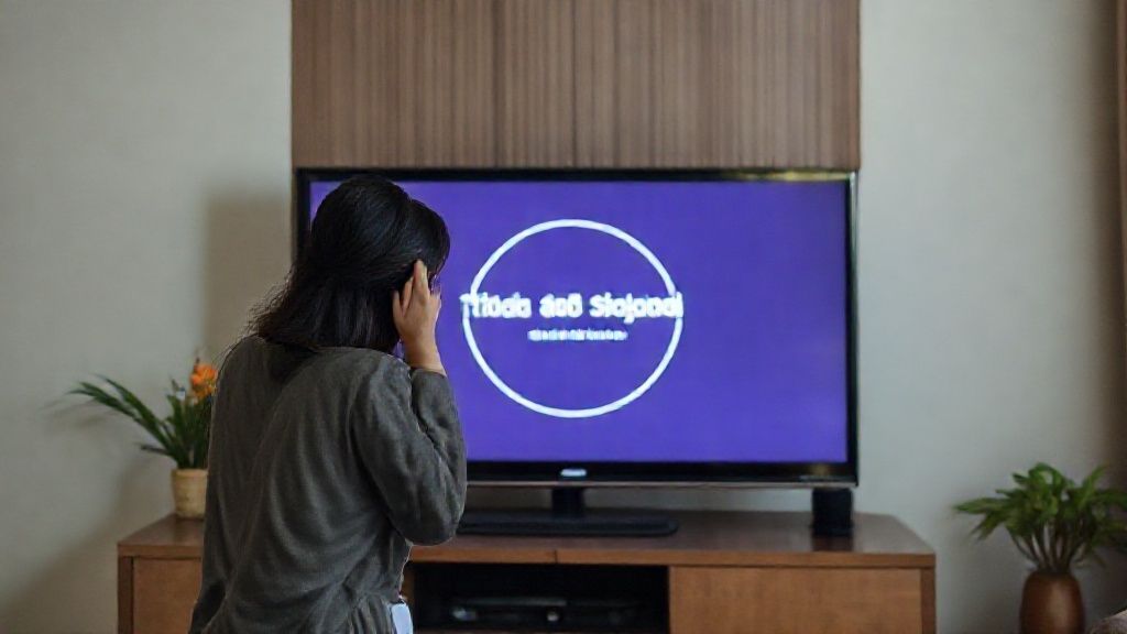 Seorang perempuan muda dengan ekspresi sedikit bingung dan frustrasi, menatap layar TV LG yang menampilkan pesan 