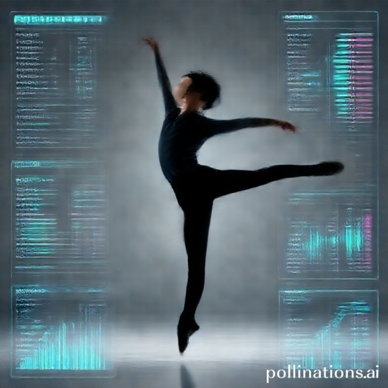 Seorang peseluncur indah Olimpiade melompat di udara, siluetnya dikelilingi visualisasi data AI yang menganalisis gerakannya.