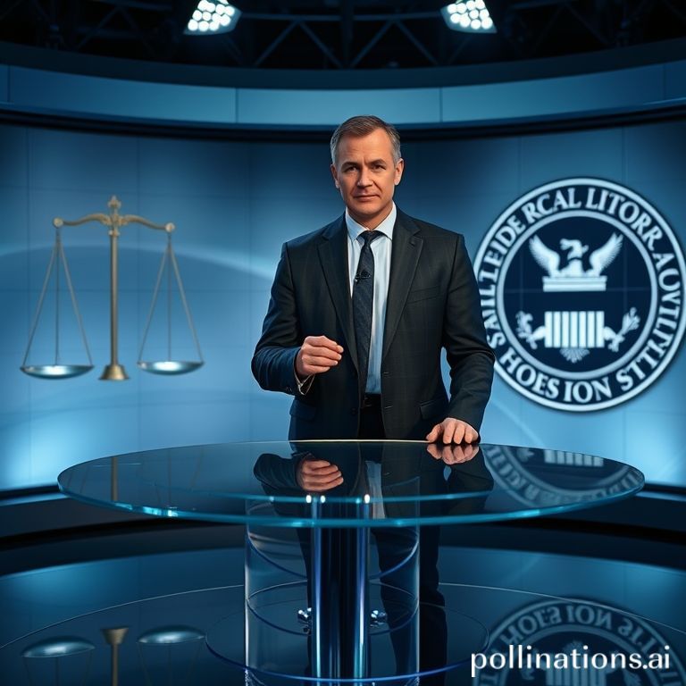 Gambar yang menampilkan seorang pembawa acara televisi di studio dengan visual abstrak yang mewakili kebebasan berbicara dan otoritas regulasi media, menyoroti konflik seputar penangguhan.