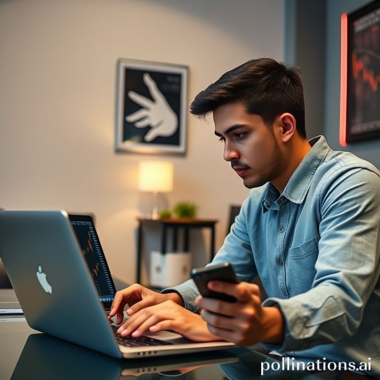 Seorang remaja Gen Z (pria atau wanita, dengan tampilan modern dan kasual) sedang fokus melihat layar laptop yang menampilkan antarmuka MetaTrader 5 dengan grafik candlestick berwarna-warni dan berbagai indikator trading. Di samping laptop, ada smartphone yang juga menampilkan aplikasi MT5. Latar belakang menunjukkan suasana kamar atau co-working space yang modern dan kekinian, mungkin dengan pencahayaan neon atau poster motivasi. Ekspresi wajah menunjukkan konsentrasi dan antusiasme.