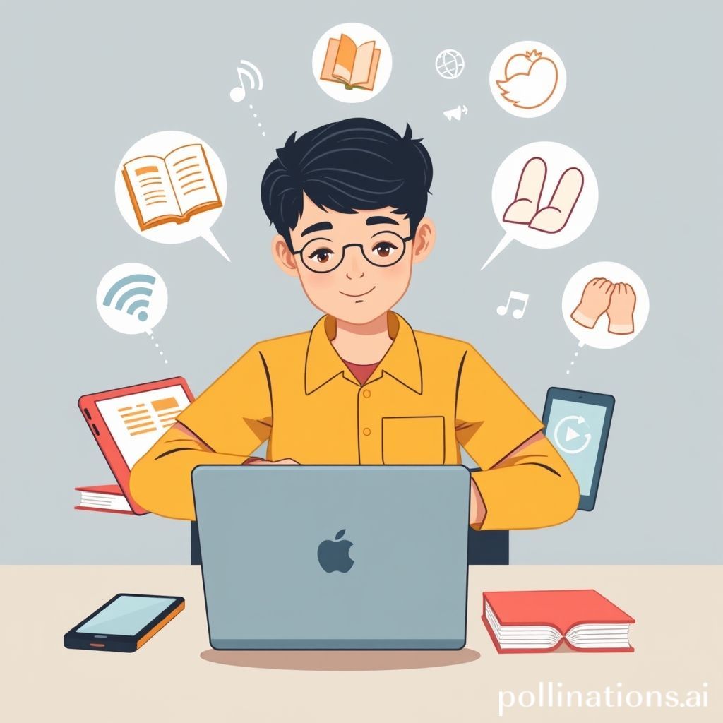 Seorang siswa muda atau dewasa yang ceria sedang duduk di meja belajar modern. Ia dikelilingi oleh berbagai perangkat digital seperti laptop yang menampilkan grafik dan data, tablet dengan aplikasi pembelajaran interaktif, dan smartphone. Di sekelilingnya, ada ikon-ikon kartun yang melambangkan pengetahuan (buku terbuka, bola lampu ide), konektivitas (ikon Wi-Fi, awan data), kreativitas (kuas lukis, not musik), dan kolaborasi (dua orang berjabat tangan). Gaya ilustrasi cerah, modern, dan optimis, menunjukkan proses belajar yang menyenangkan dan produktif di era digital.