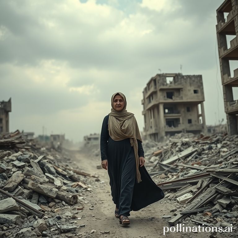 Seorang wanita Palestina berduka berjalan di tengah reruntuhan, setelah rumahnya hancur di Gaza, menggambarkan dampak konflik.