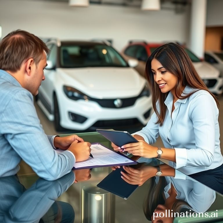 Seorang agen penjualan mobil wanita menjelaskan detail perjanjian kredit kendaraan kepada klien pria di dealer AS.