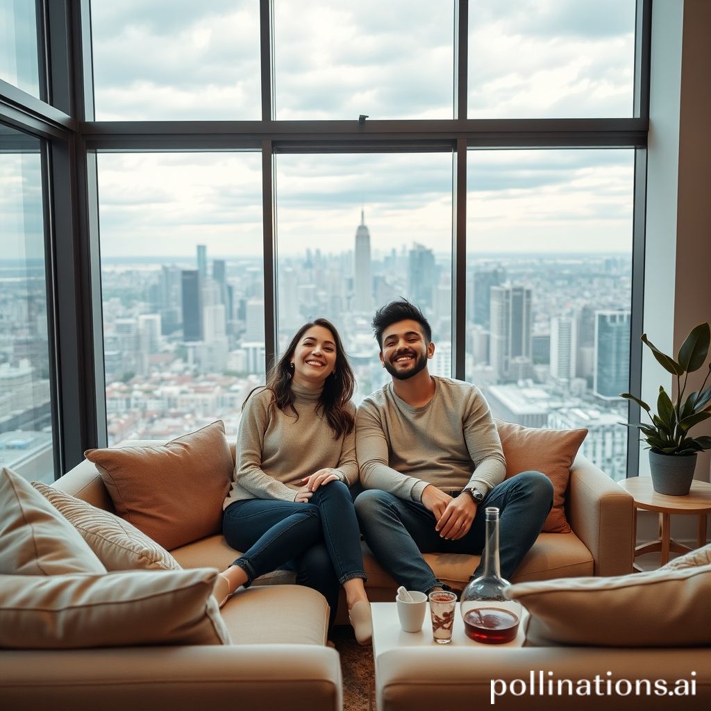 Seorang wanita muda atau pasangan muda yang sedang tersenyum bahagia sambil bersantai di ruang tamu modern yang stylish dan nyaman di rumah mereka sendiri, dengan jendela besar yang memperlihatkan suasana kota di kejauhan. Nuansa foto hangat dan inviting, menyoroti rasa kepemilikan dan kebebasan.