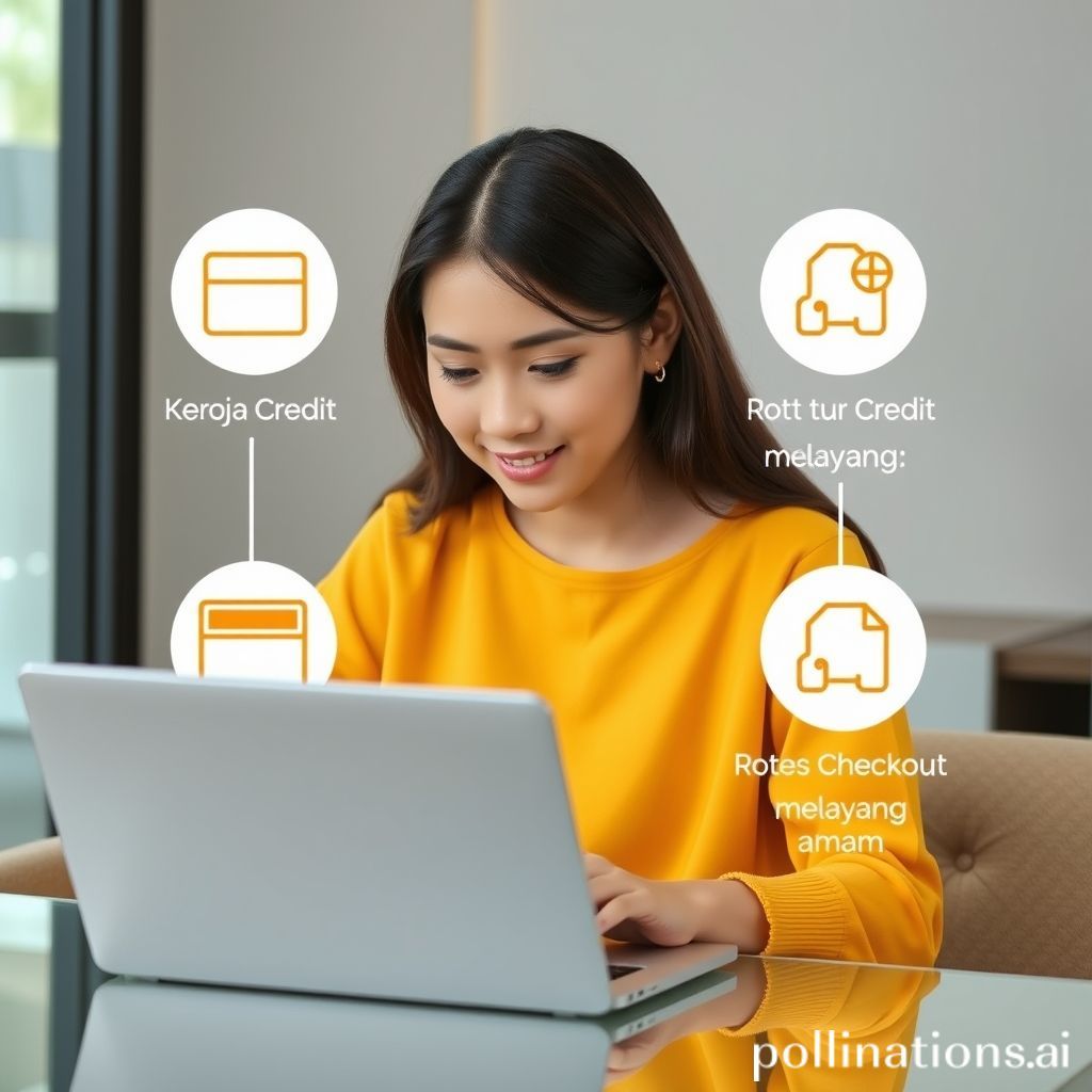 Seorang wanita sedang menggunakan laptop untuk berbelanja online, dengan ikon keranjang belanja, kartu kredit, dan kotak pengiriman melayang di sekitarnya, menunjukkan proses checkout yang lancar dan aman. Warna cerah dan gaya modern dengan latar belakang yang bersih.