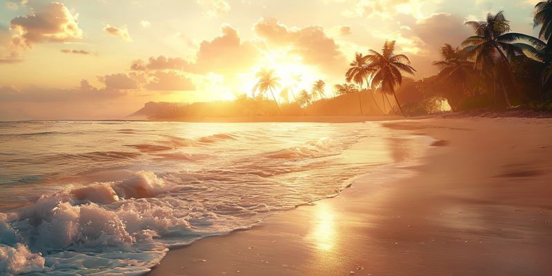 شاطئ هادئ عند شروق الشمس مع أمواج لطيفة وبعض أشجار النخيل، إضاءة ذهبية، مما يوحي برحلة استرخاء وتجديد.