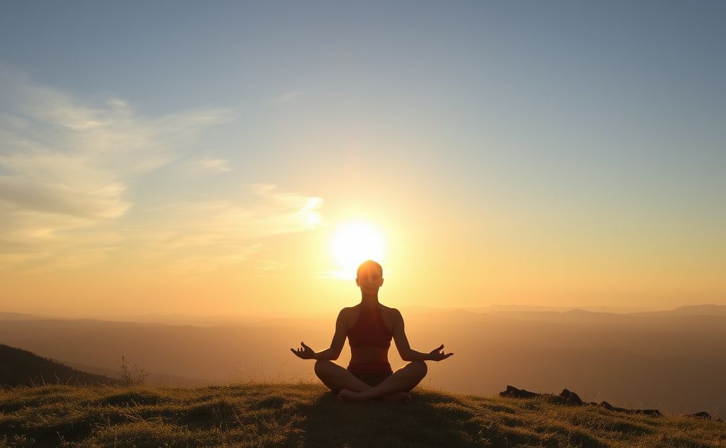 Serene figure in meditation under a sunrise