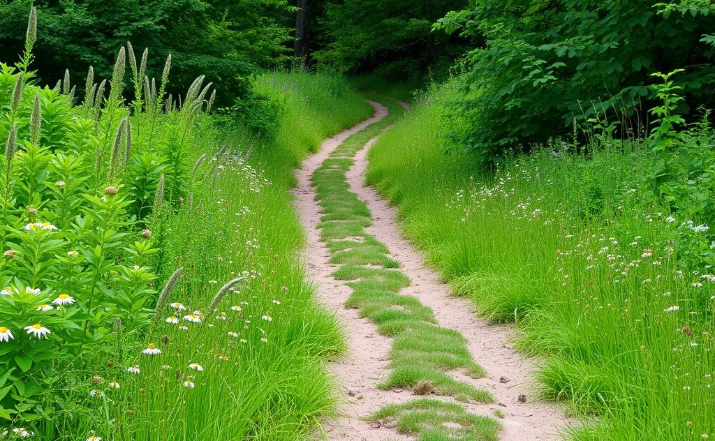 Serene nature path surrounded by lush greenery and wildflowers.