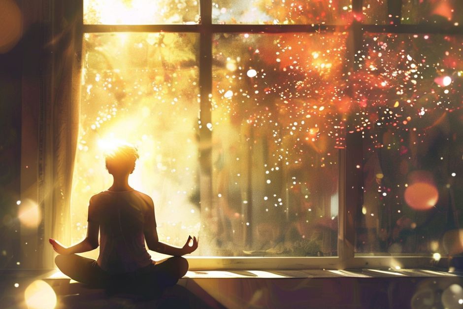 Person meditating peacefully by a window with soft light