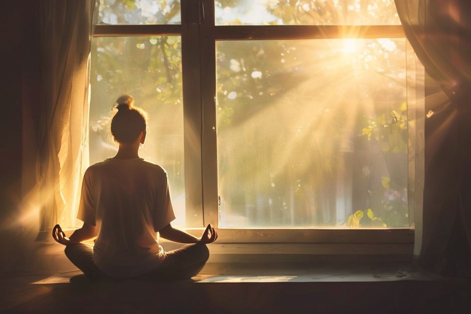 Person meditating peacefully by a window with soft morning light