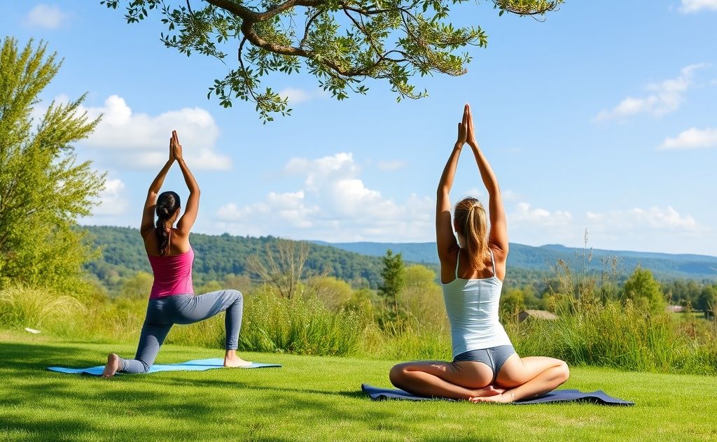 Serene yoga poses in a peaceful nature setting