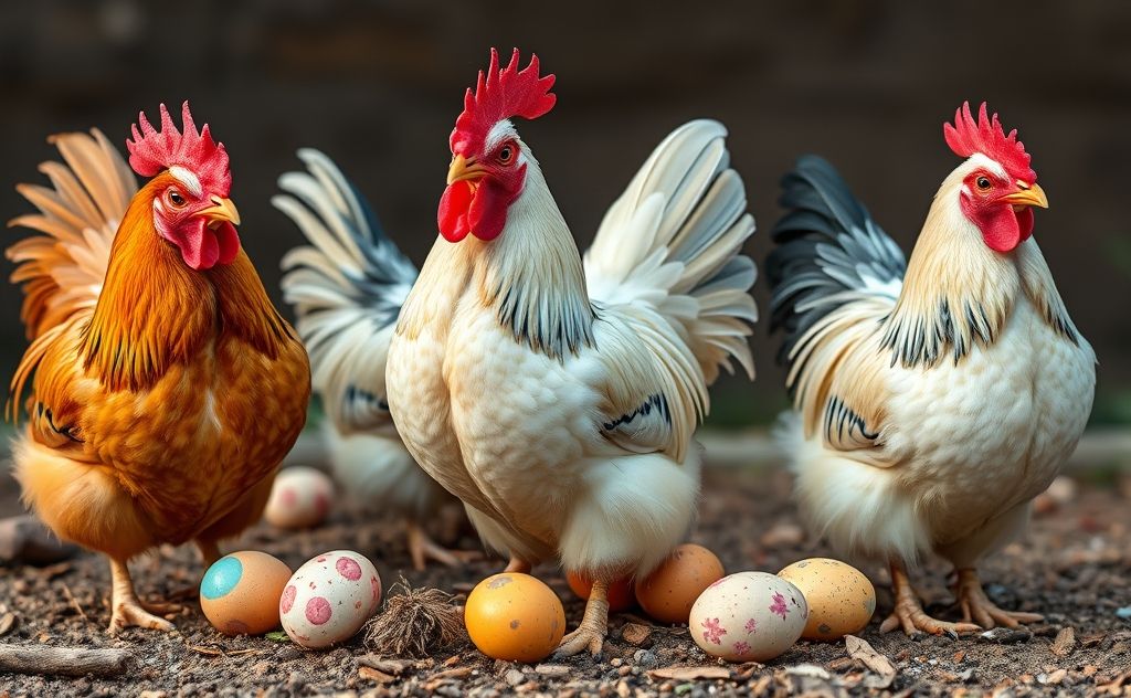 Sex link chickens with colorful feathers and eggs