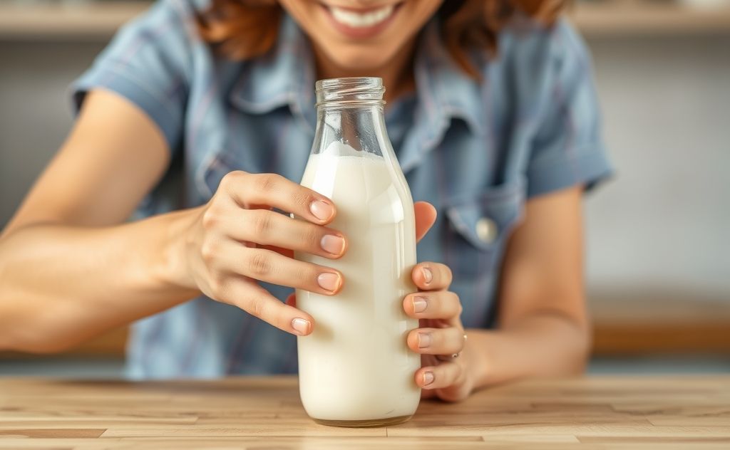 Shake a milk bottle with confident energy