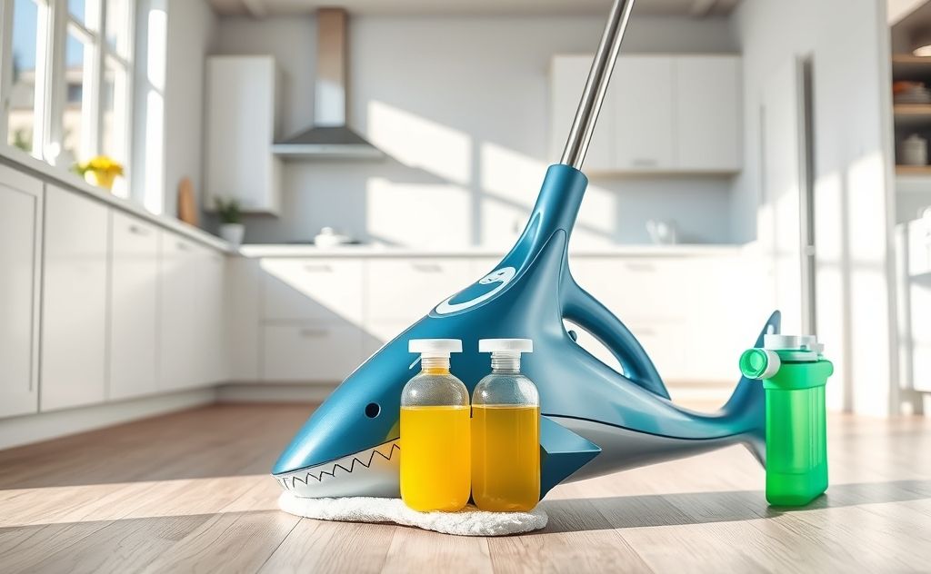 Shark steam mop with various cleaning solutions.