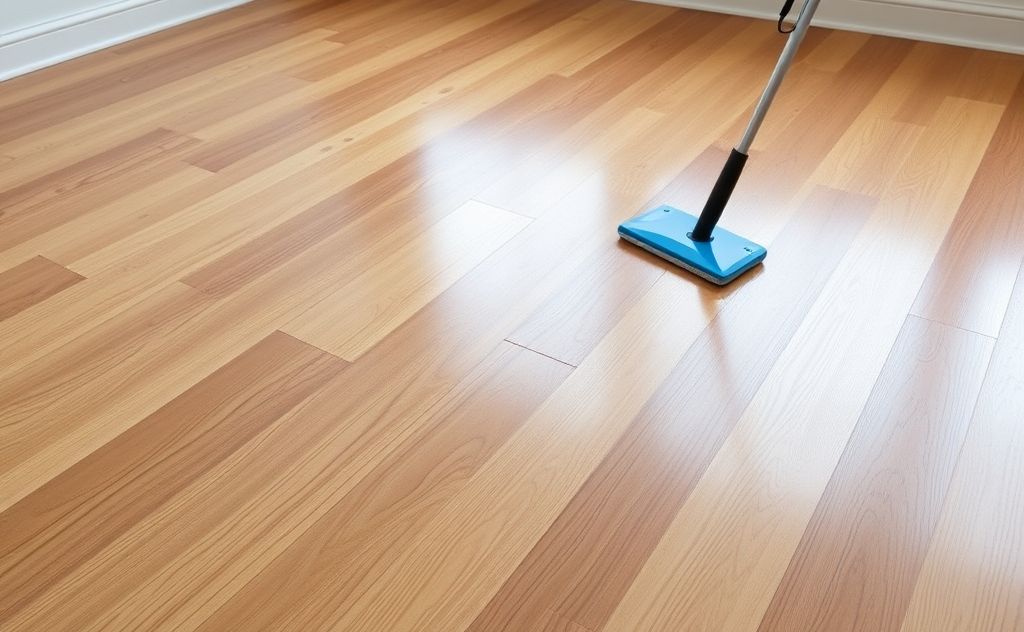 Shiny hardwood floor with cleaning tools