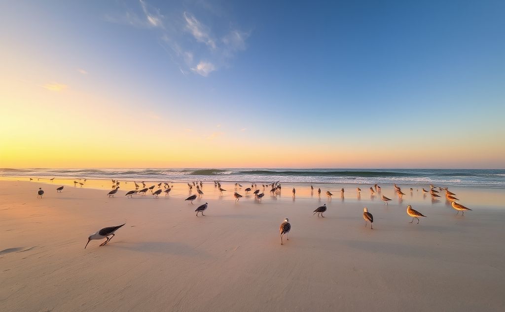 Shorebirds foraging along a sandy Florida beach at sunset.