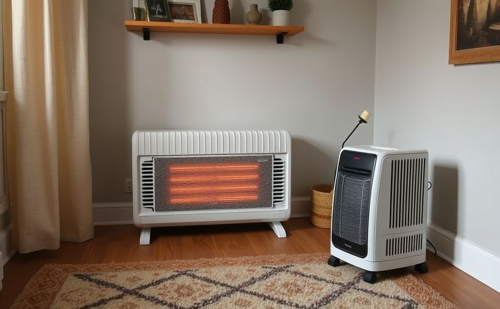 Show a cozy room with a space heater turned off and unplugged.