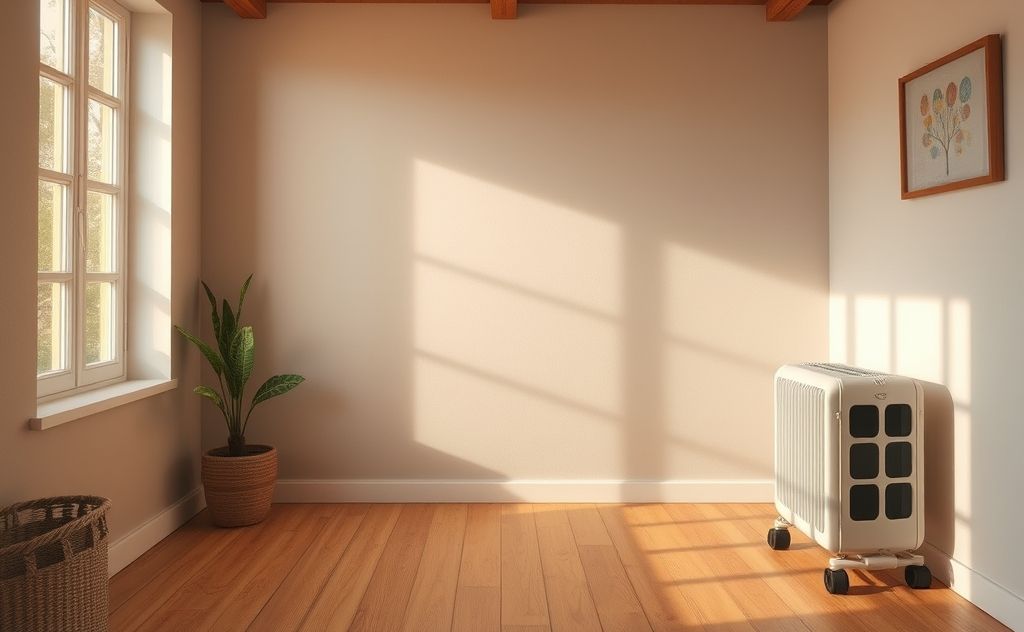 Show a cozy room with warm air rising from a heater.