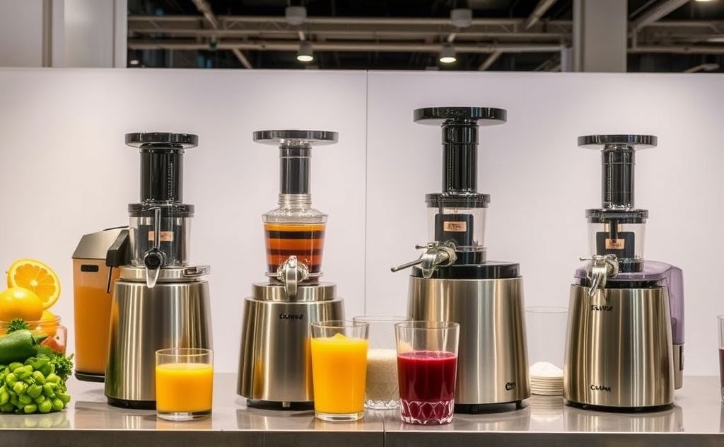 Show various commercial juice extractors in action
