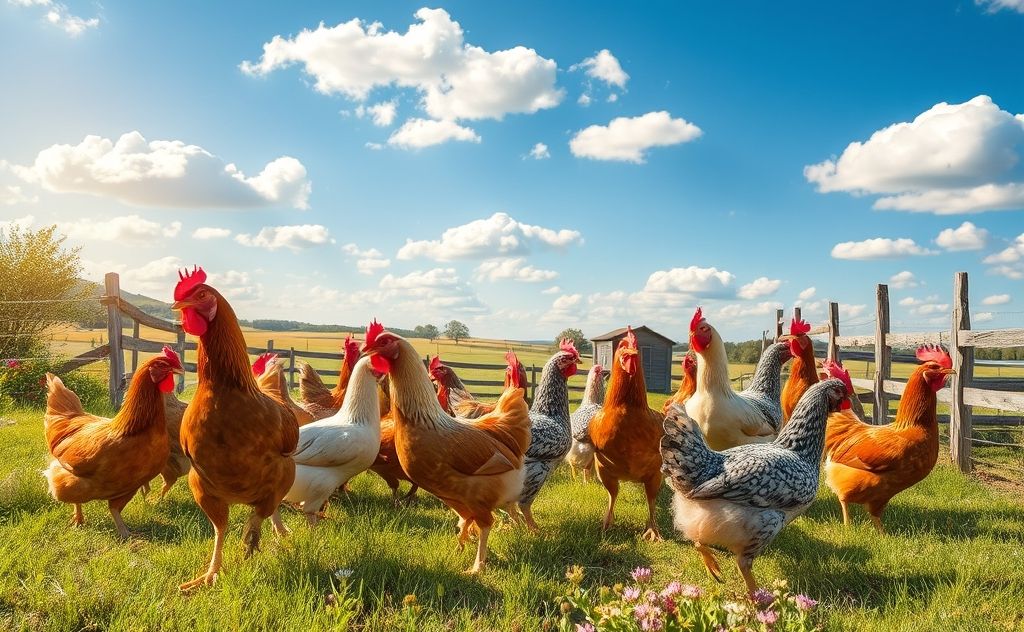 Showcase chickens in a vibrant farm setting