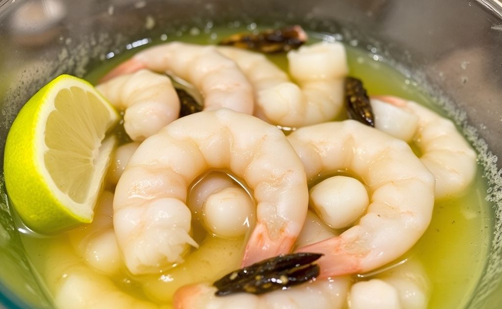 Shrimp marinating in lime juice overnight