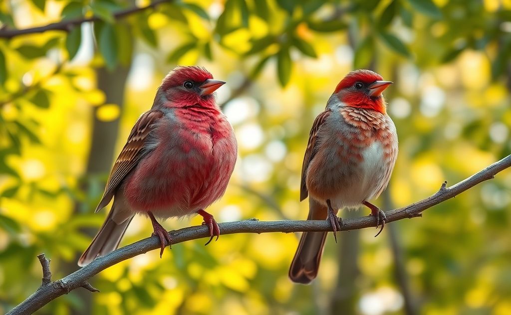 Side-by-side comparison of purple finch and house finch in nature.