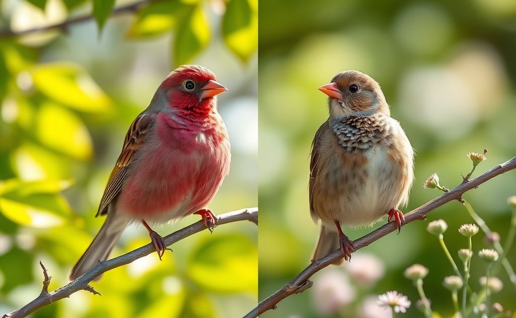 Side-by-side comparison of purple finches and house finches in nature.