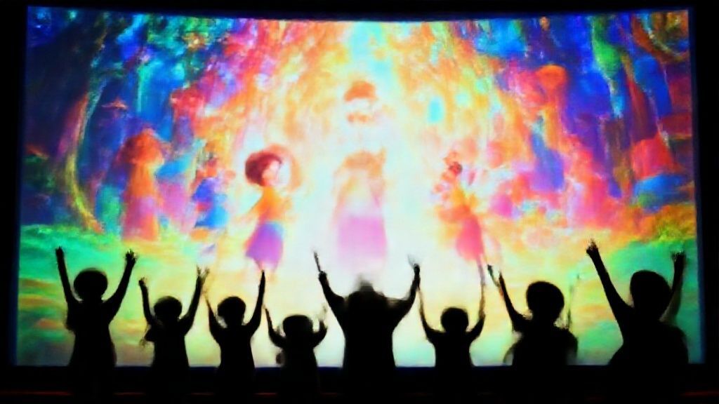 暗いホールでアニメーションのスクリーンを見つめる親子のシルエット