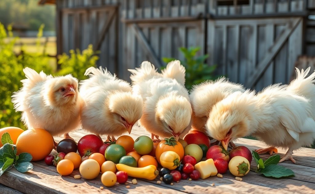 Silkie chickens enjoying their favorite foods