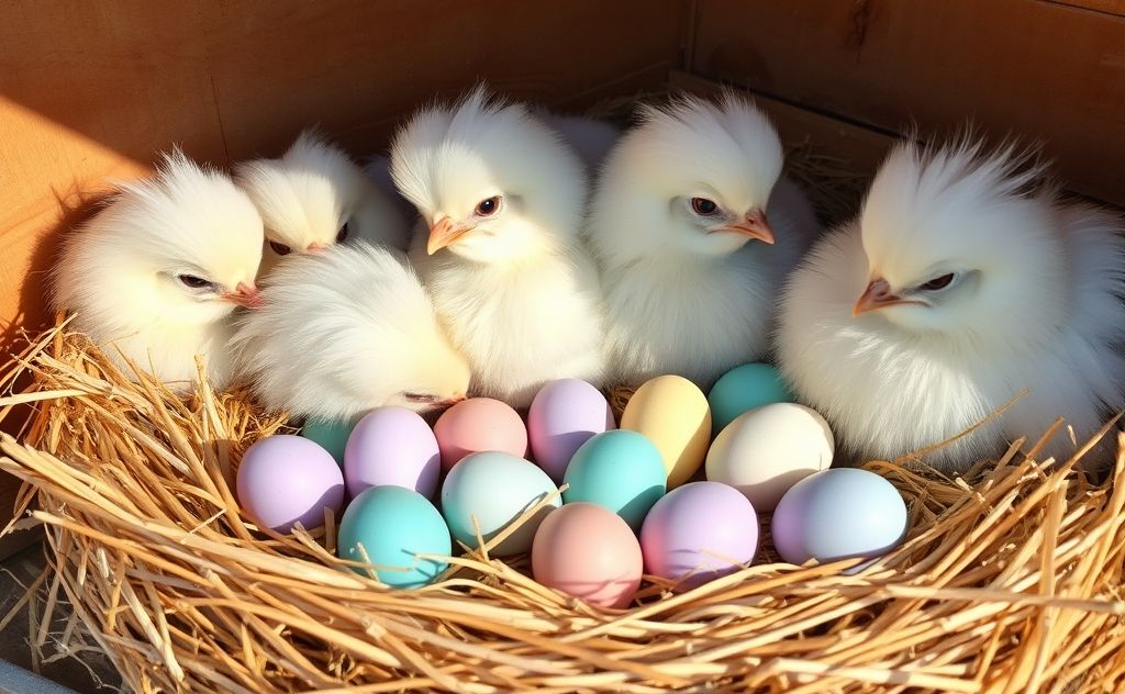 Silkie chickens laying colorful eggs in a nest