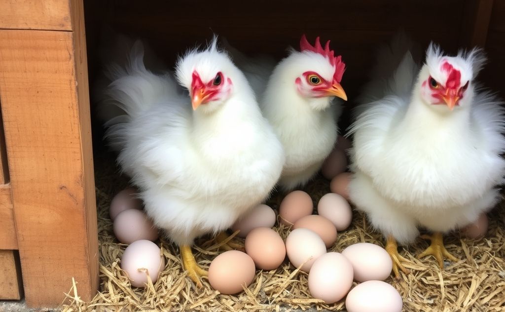 Silkie chickens laying eggs in a cozy coop